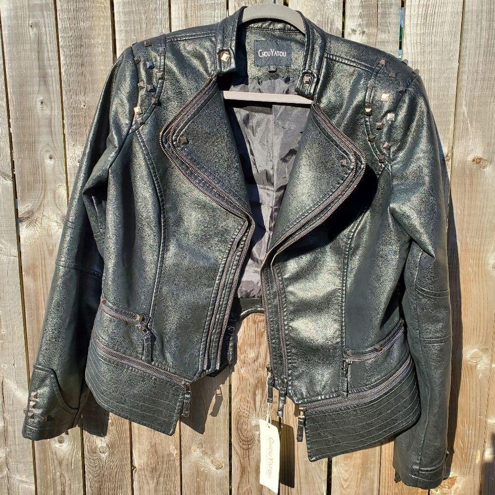 Black Faux Leather Moto Jacket‎